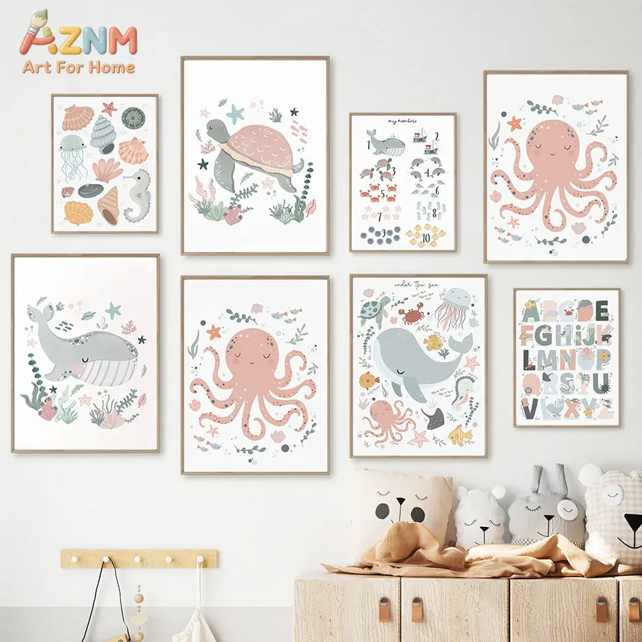 AZNM Nursery Sea Animal Canvas - Kids Education Nursery 评论和价格