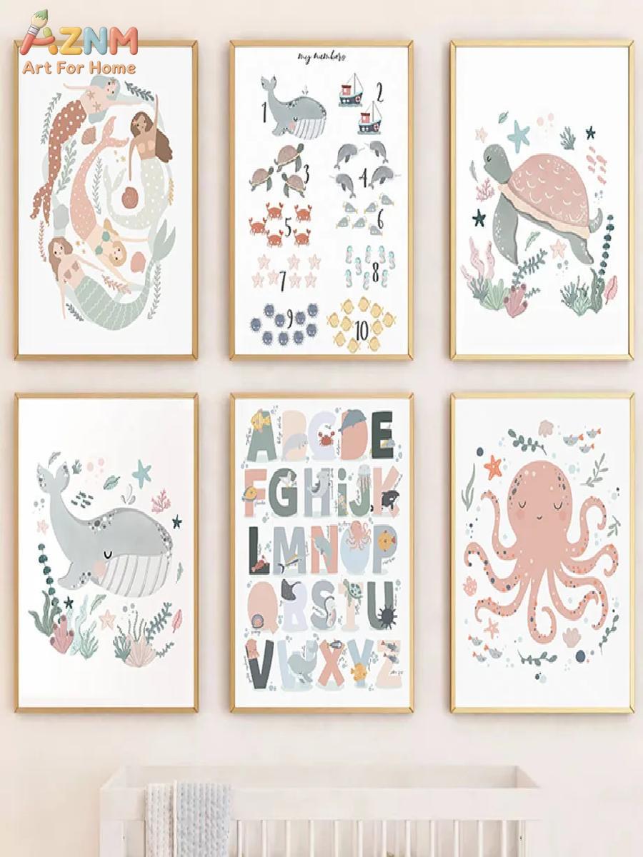 AZNM Nursery Sea Animal Canvas - Kids Education Nursery 评论和价格